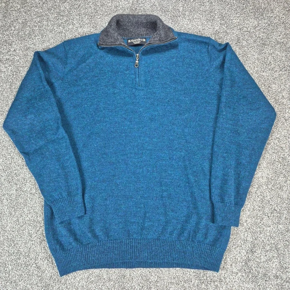 Alpandina 100% Baby Alpaca Wool Sweater Mens XL Blue 1/4 Zip Pullover Peru‎